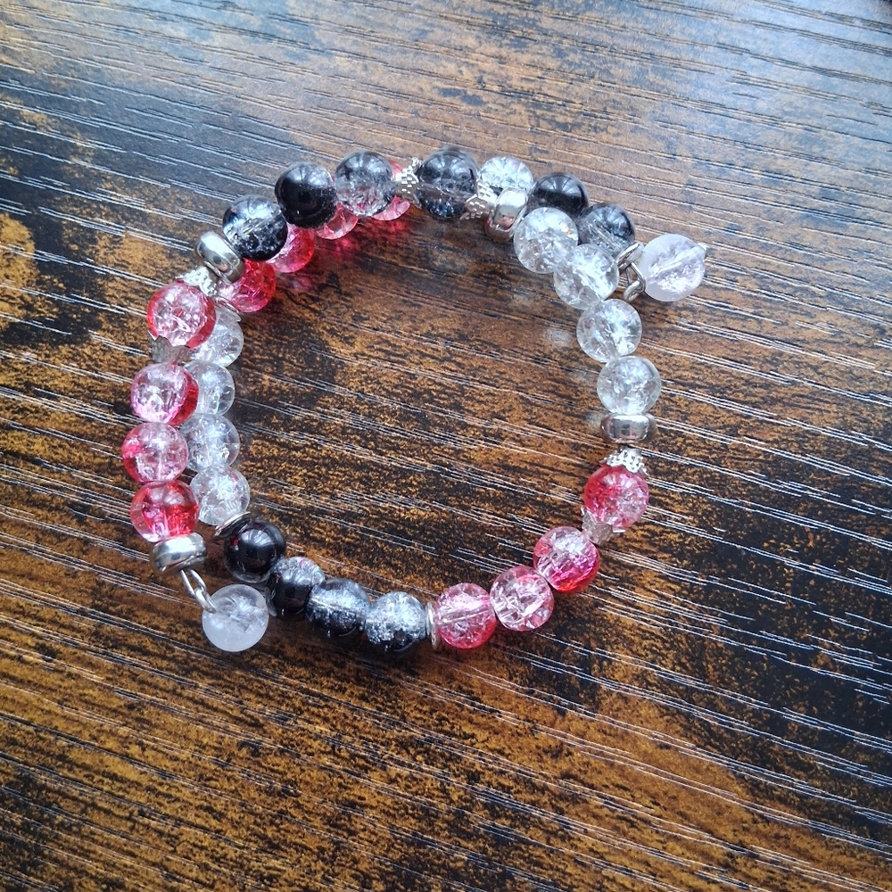 Handmade Red, Clear & Black Beaded Coil Bracelet